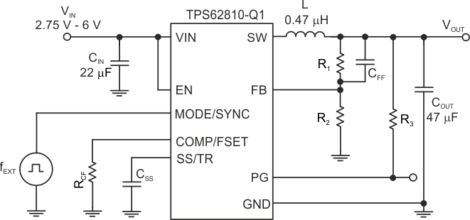 TPS62810-Q1 TPS62811-Q1 TPS62812-Q1 TPS62813-Q1 使用外部同步的原理圖