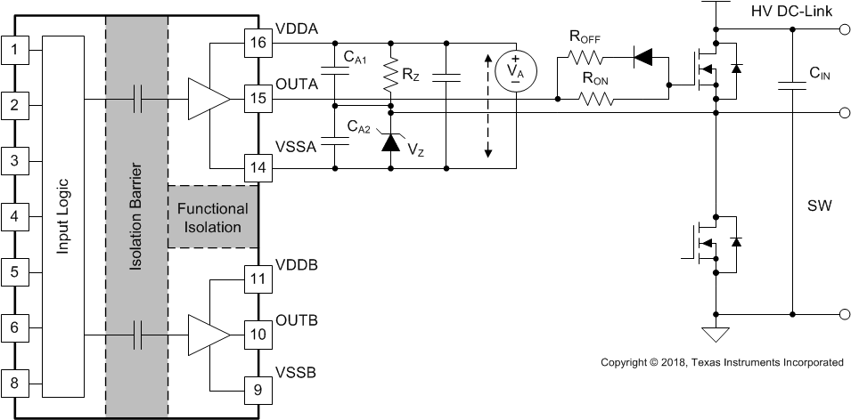 UCC21540 UCC21540A UCC21541 UCC21542 利用 ISO 偏置電源輸出上的齊納二極管生成負偏置