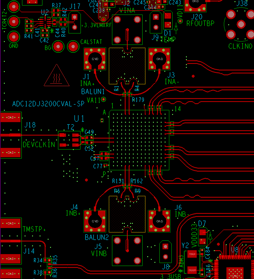 ADC12DJ3200QML-SP 頂層布線：模擬輸入，CLK 和 SYSREF，DA0-3，DB0-3