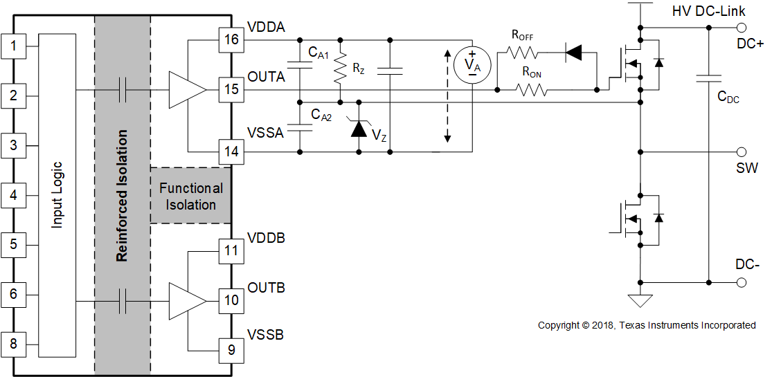 UCC21530-Q1 利用 ISO 偏置電源輸出上的齊納二極管生成負偏置