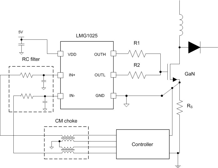 LMG1025-Q1 使用 LMG1025-Q1 時用來處理接地反彈噪聲的濾波
