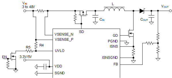 LP8866S-Q1 無電流漏電路徑的 VIN UVLO 設置電路