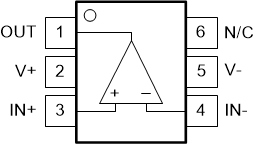 TLV1811 TLV1821 TLV1812 TLV1822 TLV1814 TLV1824 
                                                  TLV1811L 和 TLV1821L
                                                  DCK 封裝，
                                                  
                                                  “TLV72x1 6 引腳類型”引腳分配，具有反向電源和漂移 V-
                                                  
                                                  SC-70-6，
                                                  
                                                  頂視圖
                                                  