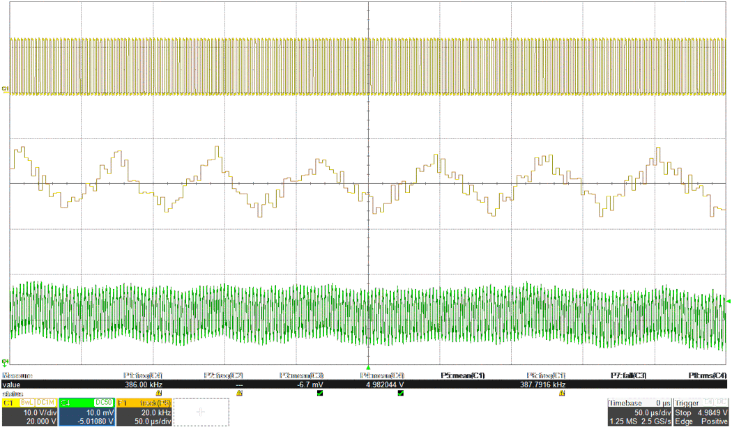 LM61480-Q1 LM61495-Q1 LM62460-Q1 具有紋波消除功能的輸出紋波顯示 VSW（頂部）、FSW（中間）、VOUT（底部）
