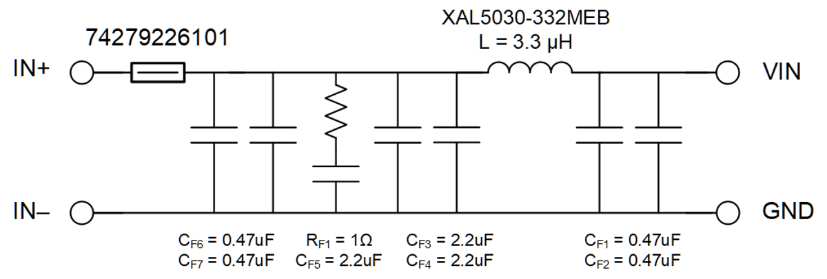 LM61480-Q1 LM61495-Q1 LM62460-Q1 推薦的輸入 EMI 濾波器 LM61480-Q1 LM61495-Q1 LM62460-Q1 推薦的輸入 EMI 濾波器
