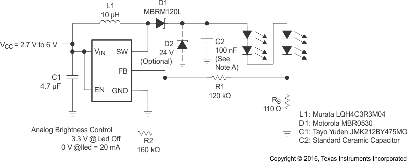 具有可調(diào)亮度控制的白光 LED 電源在反饋引腳上使用模擬信號 GUID-277F0AB1-2C9E-4E8A-B3C5-92903F95B8EC-low.gif