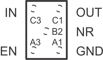 TPS793 YZQ 封裝，5 引腳 DSBGA（頂視圖）（僅限舊芯片）