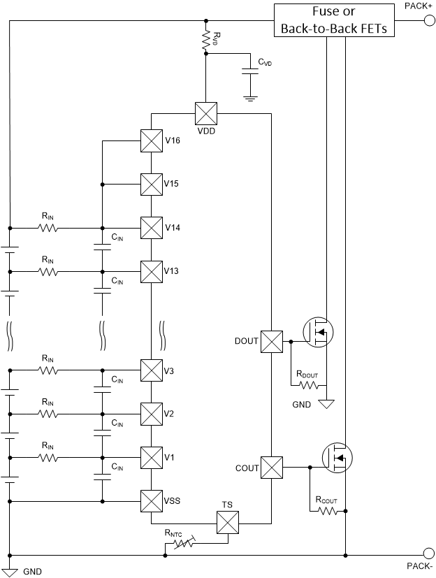 BQ77216 具有高電平有效 6V 選項的 14 節串聯電芯配置