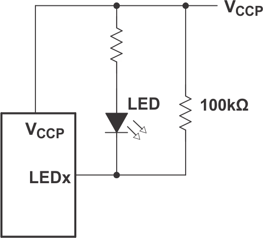 TCAL6416 與 LED 并聯的高阻值電阻器