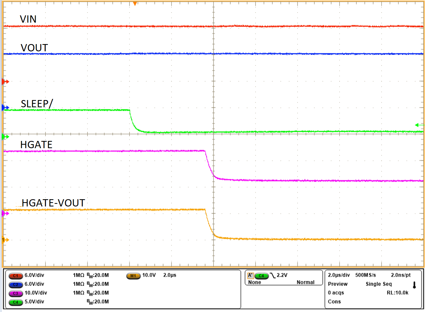 LM74900-Q1 LM74910-Q1 LM74910H-Q1 睡眠模式進入（SLEEP = 低電平、EN = 高電平）