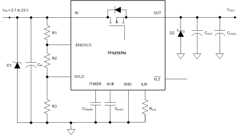 TPS2597 Circuit Implementation With
                    Optional Protection Components