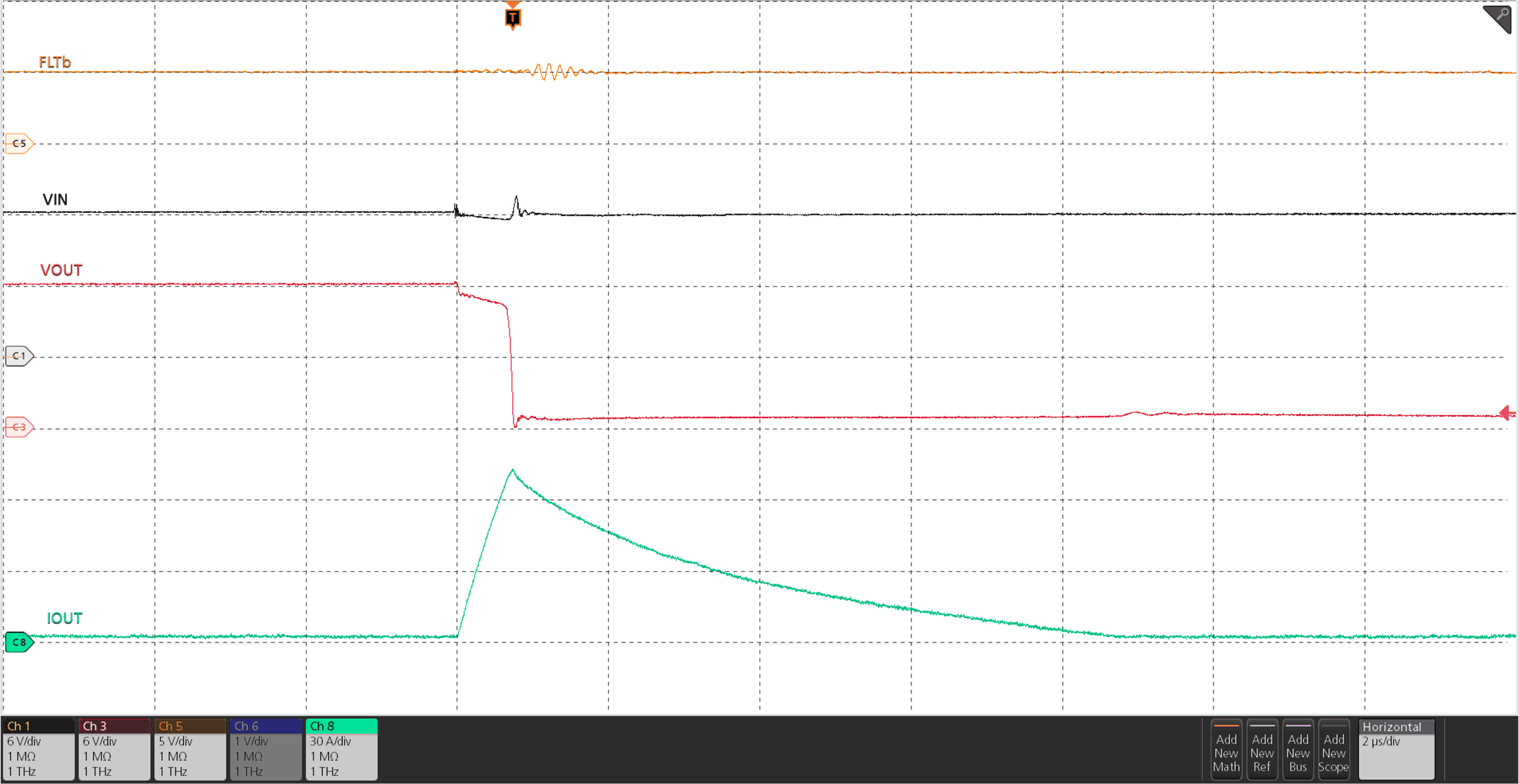 TPS2597 Output Short-Circuit During Steady State (Zoomed In) TPS2597 Output Short-Circuit During Steady State (Zoomed In)