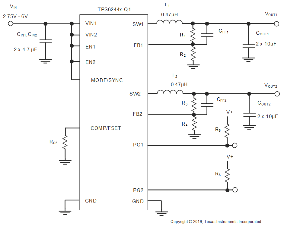 TPS62441-Q1 TPS62442-Q1 典型應(yīng)用原理圖