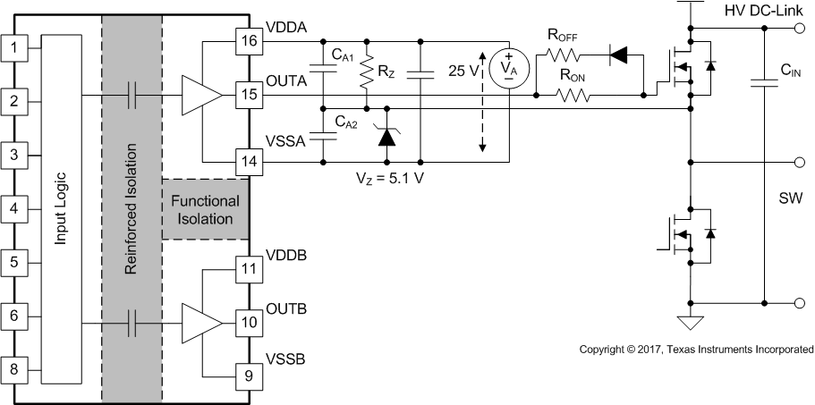 UCC21551-Q1 利用 ISO 偏置電源輸出上的齊納二極管生成負偏置