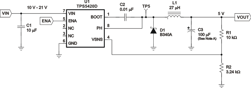 TPS5420 10-V — 21-V Input to 5-V Output Application Circuit GUID-125BE85B-B46D-4196-A2DD-DD802D58C25B-low.gif
