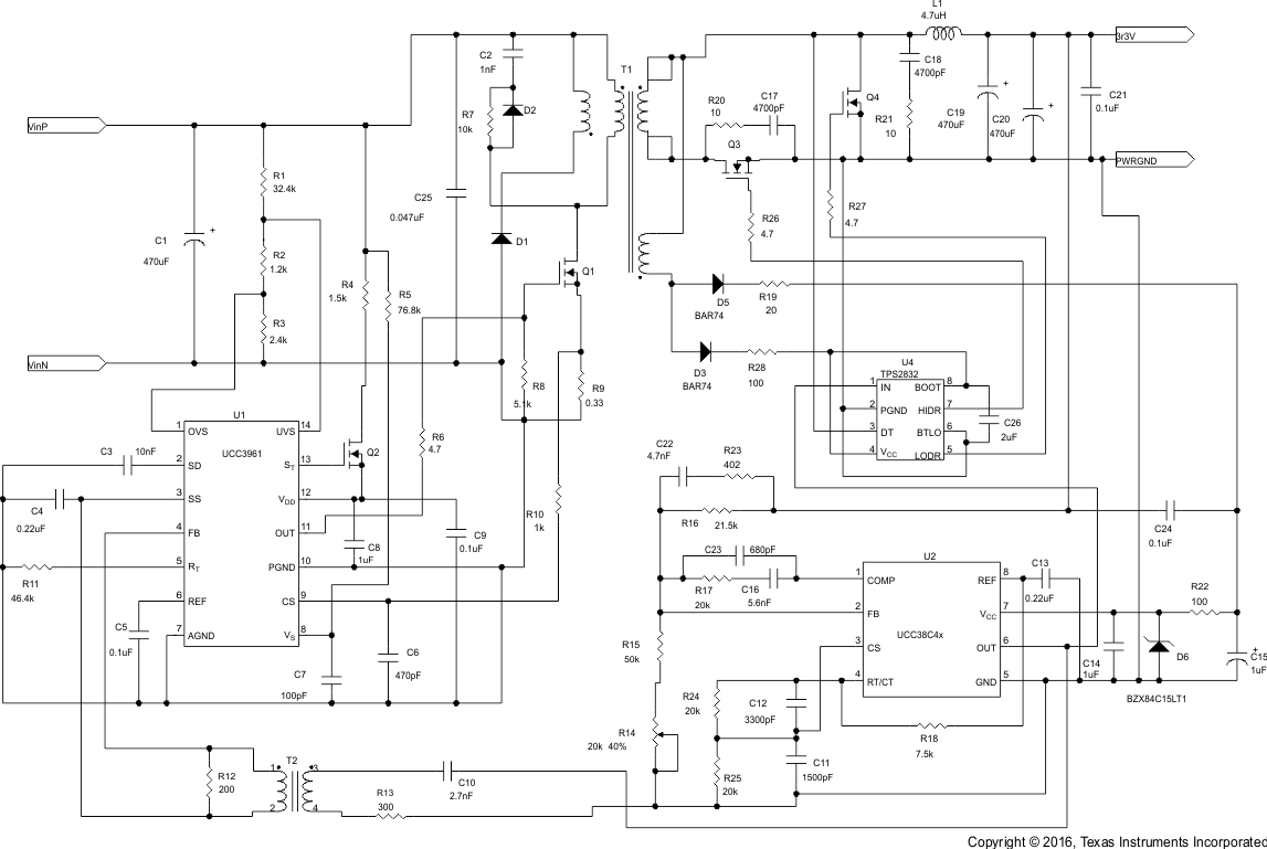 UCC28C40 UCC28C41 UCC28C42 UCC28C43 UCC28C44 UCC28C45 UCC38C40 UCC38C41 UCC38C42 UCC38C43 UCC38C44 UCC38C45 使用 UCC38C42 作為次級側(cè)控制器并具有同步整流功能的正向轉(zhuǎn)換器