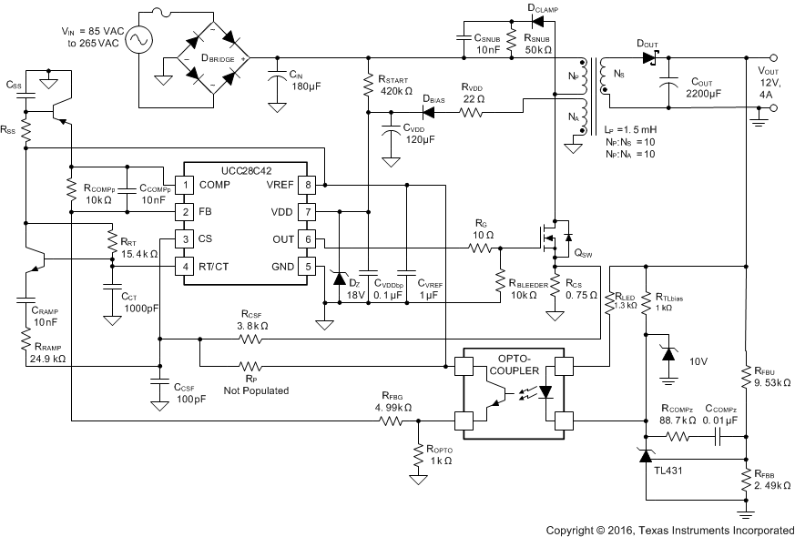 UCC28C40 UCC28C41 UCC28C42 UCC28C43 UCC28C44 UCC28C45 UCC38C40 UCC38C41 UCC38C42 UCC38C43 UCC38C44 UCC38C45 典型應用設計原理圖