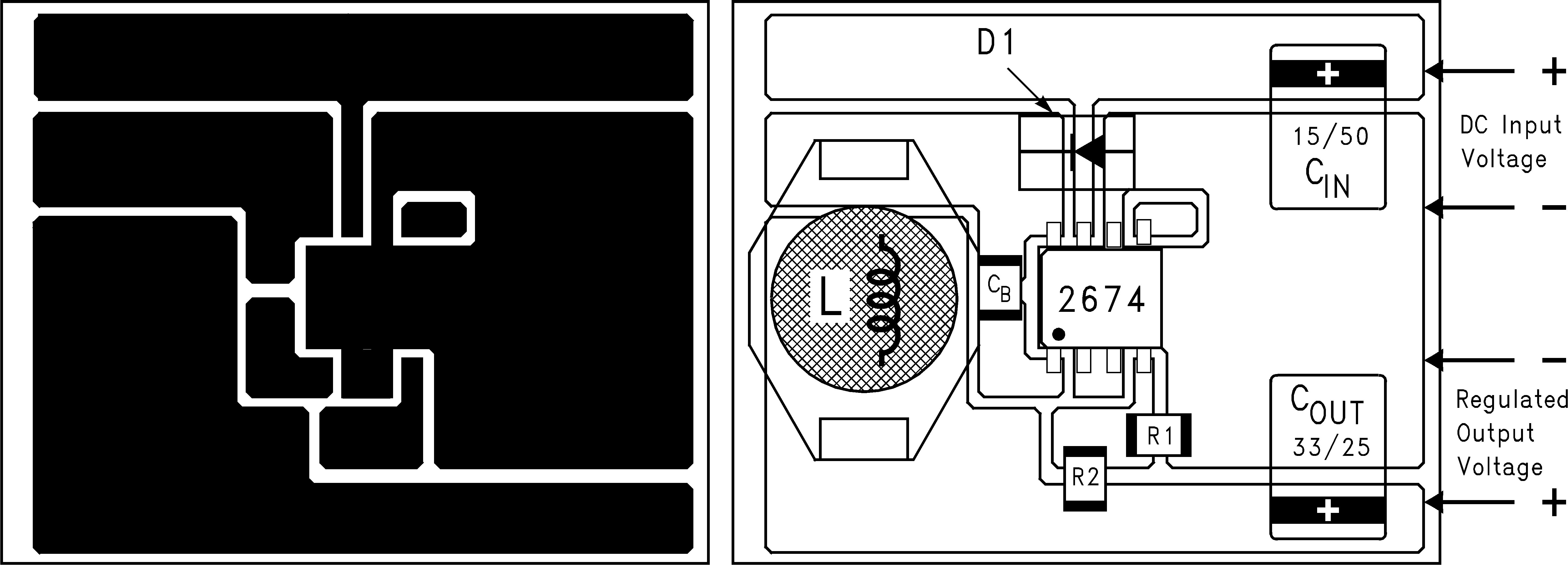 LM2674 典型表面貼裝 PCB 布局，可調(diào)輸出（4x 尺寸）