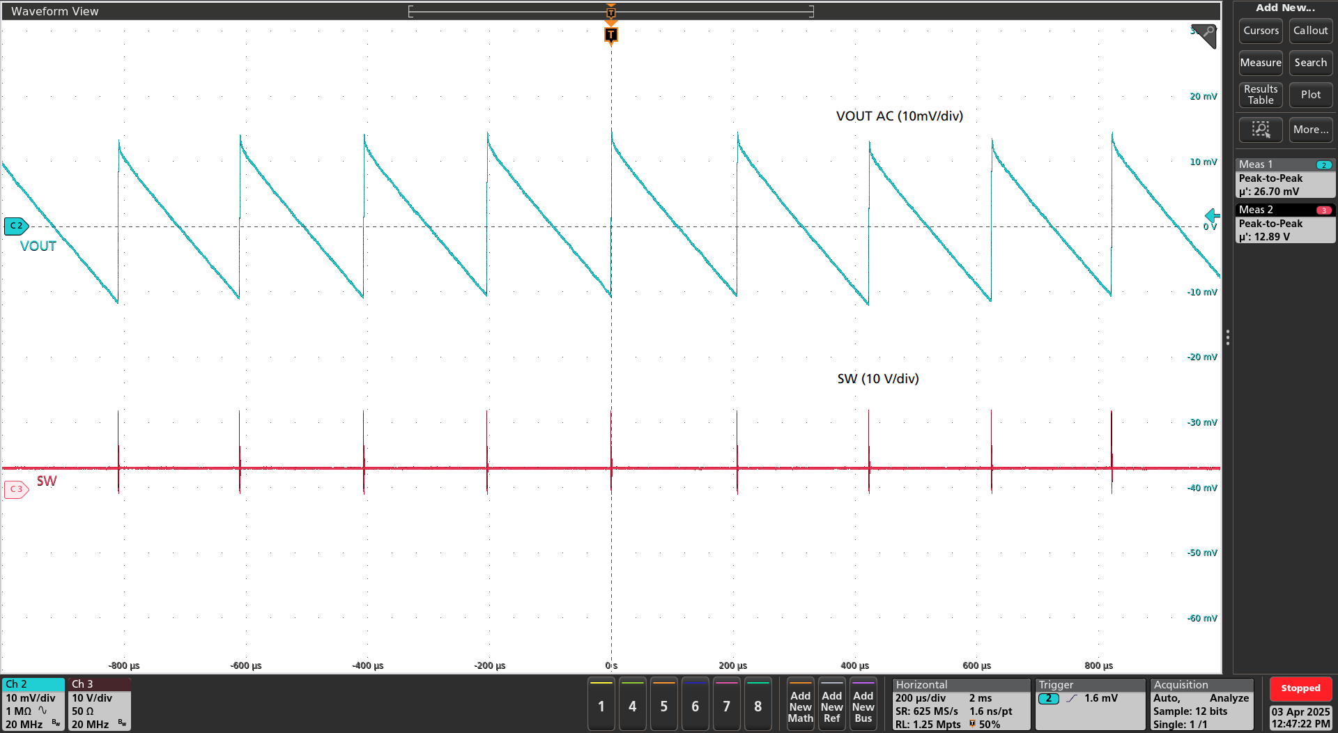 TPS548B23 輸出電壓紋波 – PFM 模式