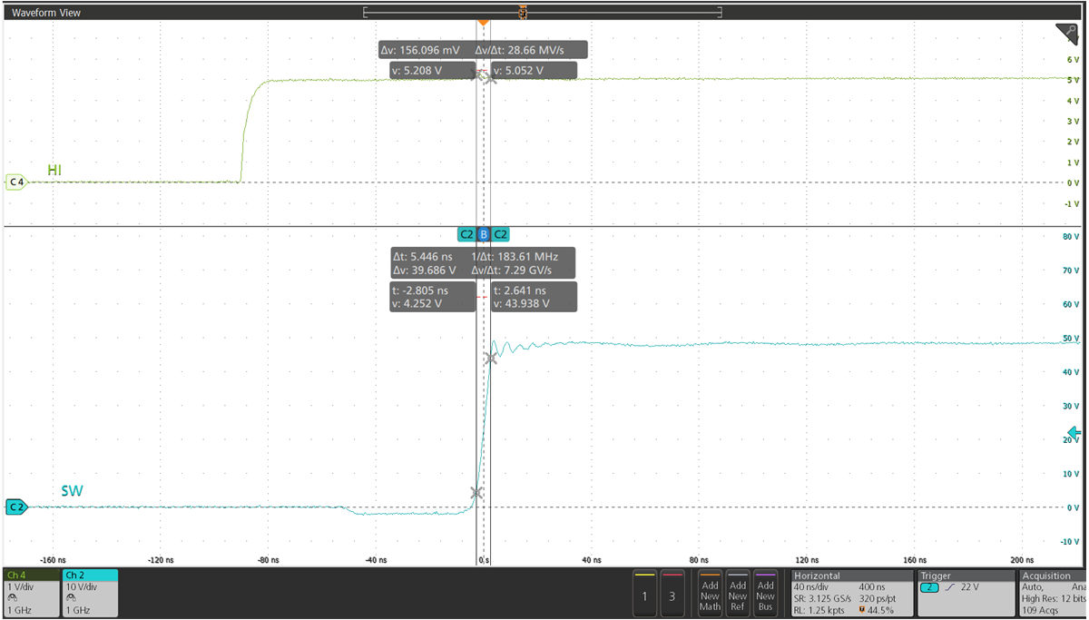 LMG3100R017 LMG3100R044 展示了降壓配置下 RBST = 3Ω 時的死區時間和上升時間的 SW 節點行為