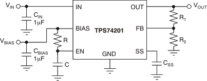 TPS74201 使用 RC 電路啟用時的軟啟動延遲