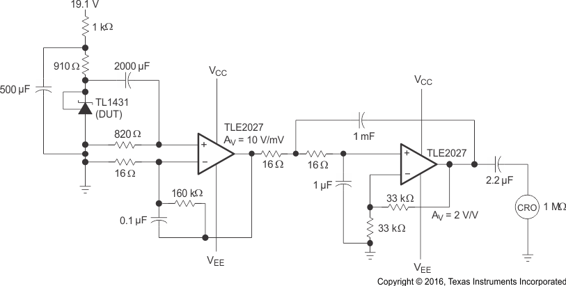 TL1431 TL1431M 針對 0.1Hz 至 10Hz 等效輸入噪聲電壓的測試電路