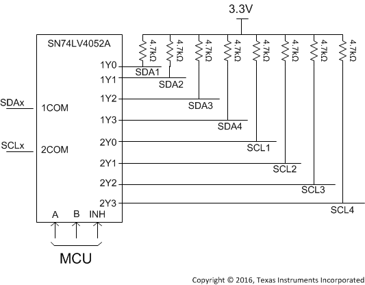 SN74LV4052A 典型的 I2C 多路復用應用