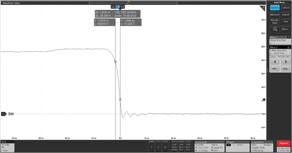 LMG2100R026 顯示 RVCC = 1.3Ω 時升壓轉換器下降時間的 SW 節點行為