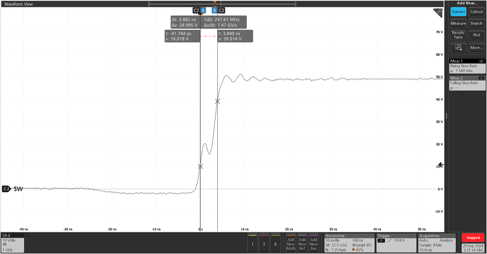 LMG2100R026 顯示 RBST = 1.3Ω 時降壓轉換器死區時間和上升時間的 SW 節點行為