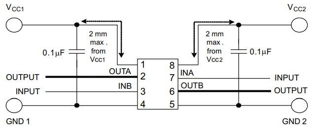 ISO7220A-Q1 ISO7221A-Q1 ISO7221C-Q1 典型 ISO7221x-Q1 電路連接