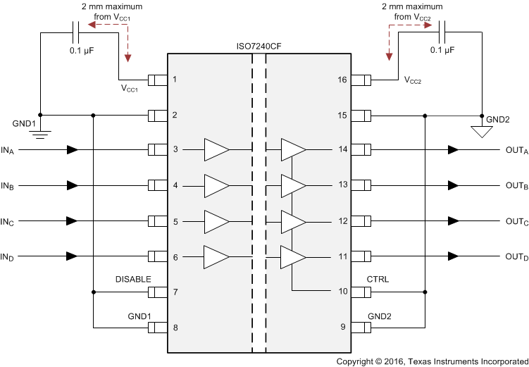ISO7240CF ISO7240C ISO7240M ISO7241C ISO7241M ISO7242C ISO7242M ISO7240CF 典型電路組裝