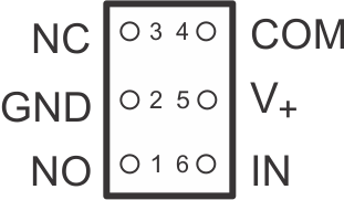TS5A3157 YZP 封裝、6 引腳 DSBGA（底視圖）