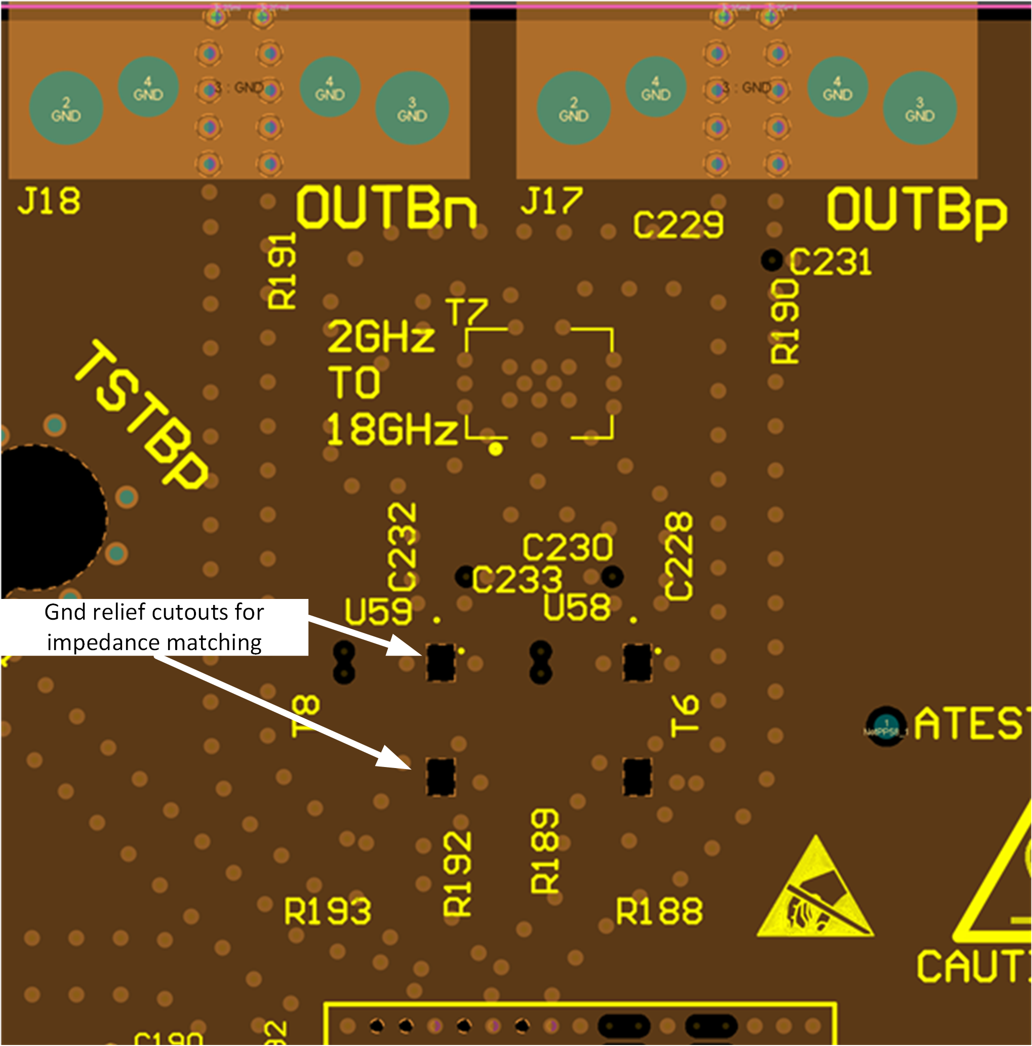 DAC39RF20 平衡-非平衡變壓器引腳下方的接地開孔