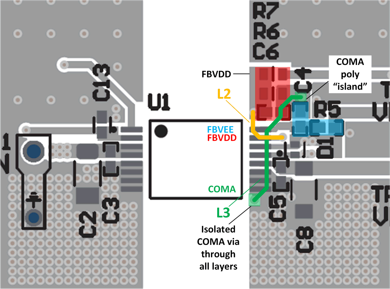 UCC35131-Q1 FBVDD (R6-7、C6)、FBVEE (R5、C4)、COMA 布線
