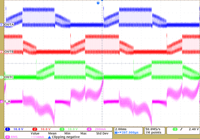DRV8311-Q1 驅動器 PWM 運行（OUTA、OUTB、OUTC、I_A）