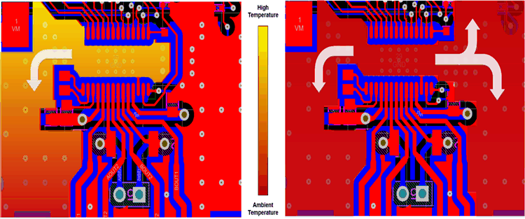 DRV81545 中斷接地平面覆銅與連續接地平面覆銅的熱圖