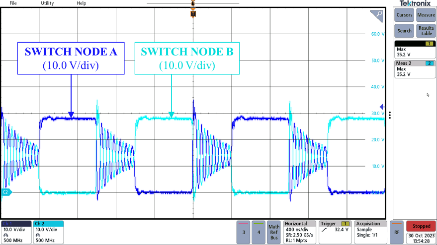  采用傳統(tǒng)配置的初級(jí)側(cè)開關(guān)節(jié)點(diǎn) (400ns/div)。來源：德州儀器 (TI)
