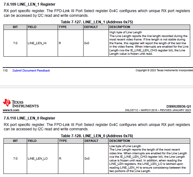 DS90UB936-Q1 LINE_COUNT寄存器和LINE_LEN寄存器
