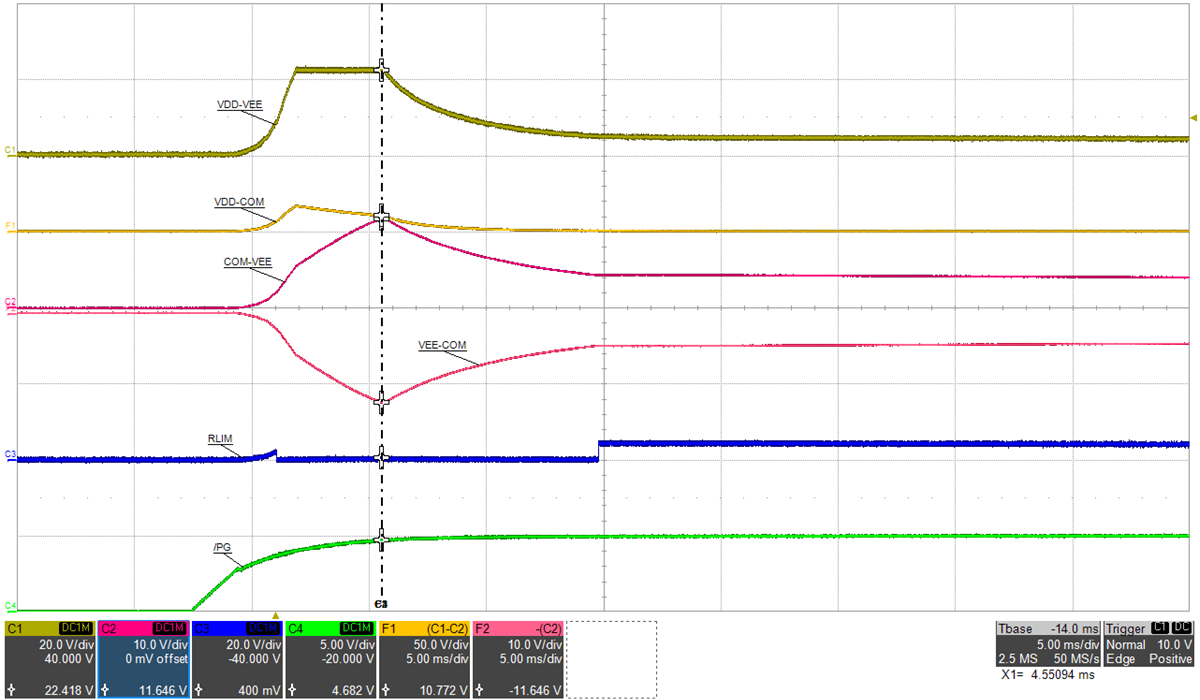 UCC14341EVM-069 COM-VEE OVP:VIN=15V,PVDD=188mW,PVEE=0mW,(頂部:VDD-VEE,20V/div,mid-1:VDD-COM,50V/div,mid-2:COM-VEE,10V/div,mid-3:VEE-COM,10V/div,mid-4:RLIM,20V/div,底部:/PG,5V/div),時間 = 5ms/div GUID-20230214-SS0I-NQGJ-L4RC-RC6CW6QLJXL5-low.png