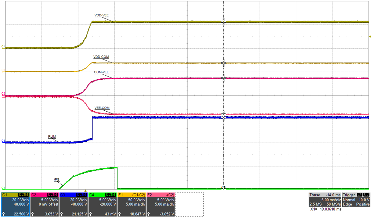 UCC14341EVM-069 正常啟動(接近 COM-VEE UVLO):VIN=15V,PVDD=573mW,PVEE=404mW,(頂部:VDD-VEE,20V/div,mid-1:VDD-COM,50V/div,mid-2:COM-VEE,5V/div,mid-3:VEE-COM,5V/div,mid-4:RLIM,20V/div,底部:/PG,5V/div),時間 = 5ms/div GUID-20230214-SS0I-Q04H-PKHV-5BB5NM1GRV4X-low.png