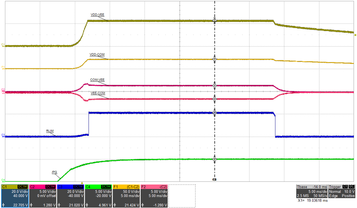 UCC14341EVM-069 輸出 UVLO:Vin=15V,PVDD=0mW,PVEE=50mW,(頂部:VDD-VEE,20V/div,mid-1:VDD-COM,50V/div,mid-2:COM-VEE,5V/div,mid-3:VEE-COM,5V/div,mid-4:RLIM,20V/div,底部:/PG,5V/div),時(shí)間 = 5ms/div GUID-20230214-SS0I-QRMS-HMWP-NSMNSSKRFQVC-low.png