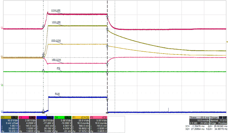 UCC14141EVM-068 輸出 UVLO,PVDD=0mW,PVEE=313mW,(頂部:COM-VEE,2V/div,mid1:VDD-VEE,10V/div,mid2:VDD-COM,20V/div,mid3:VEE-COM,5V/div,底部:RLIM,20V/div),時間 = 10ms/div GUID-20230203-SS0I-8BCD-Q4VS-CLJGDTNRBNPS-low.png