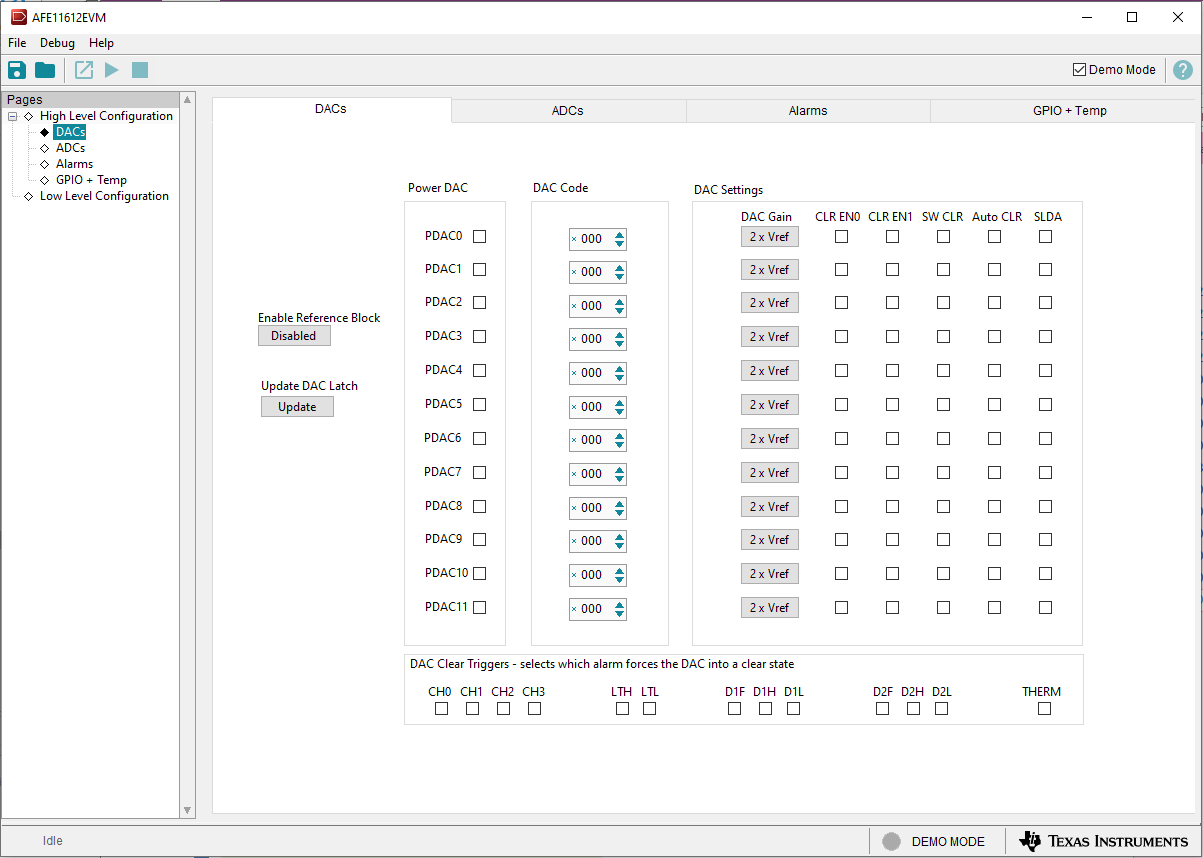 AFE11612EVM “High Level Configuration”頁面