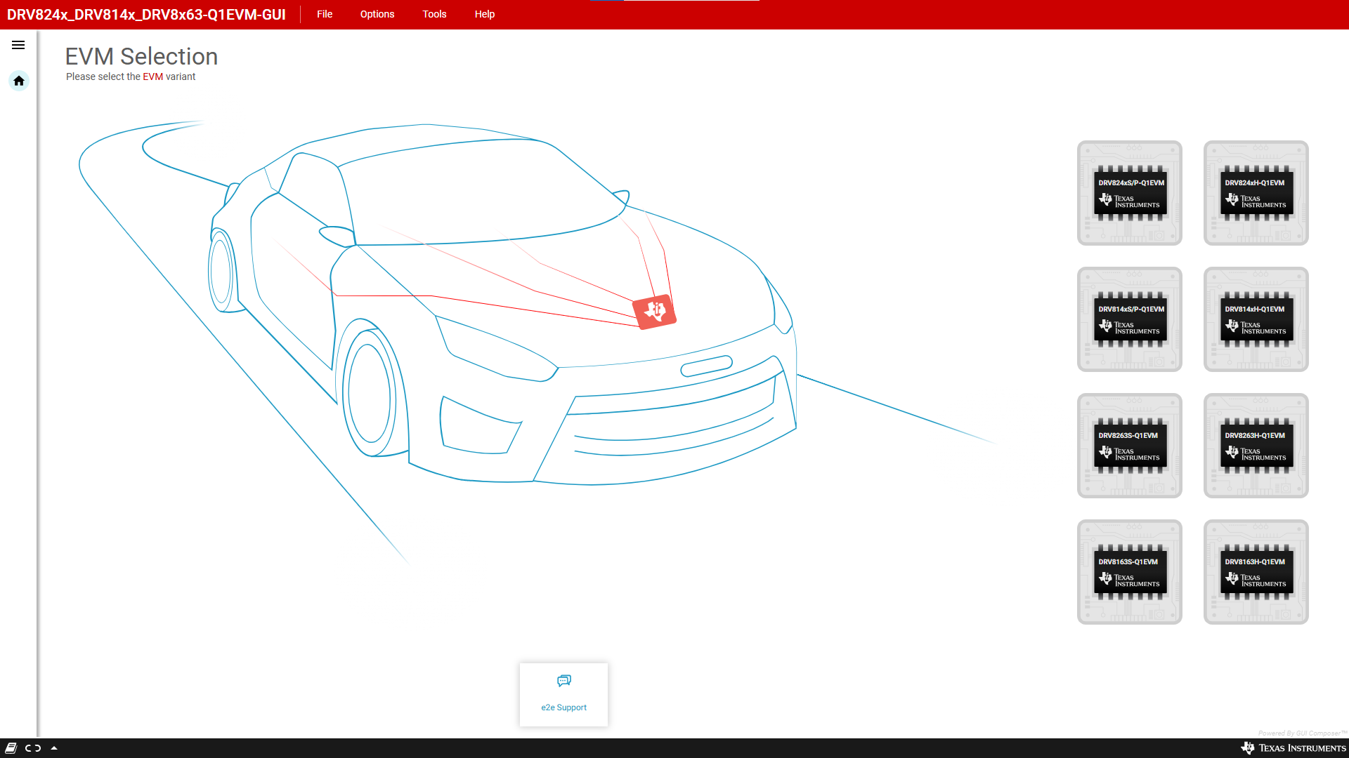 DRV8243S-Q1EVM, DRV8243H-Q1EVM, DRV8244S-Q1EVM, DRV8244H-Q1EVM, DRV8245S-Q1EVM DRV824x_DRV814x_DRV8x63-Q1EVM GUI 主屏幕