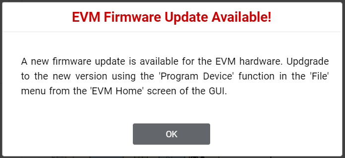DRV8243S-Q1EVM, DRV8243H-Q1EVM, DRV8244S-Q1EVM, DRV8244H-Q1EVM, DRV8245S-Q1EVM EVM 固件更新彈出窗口