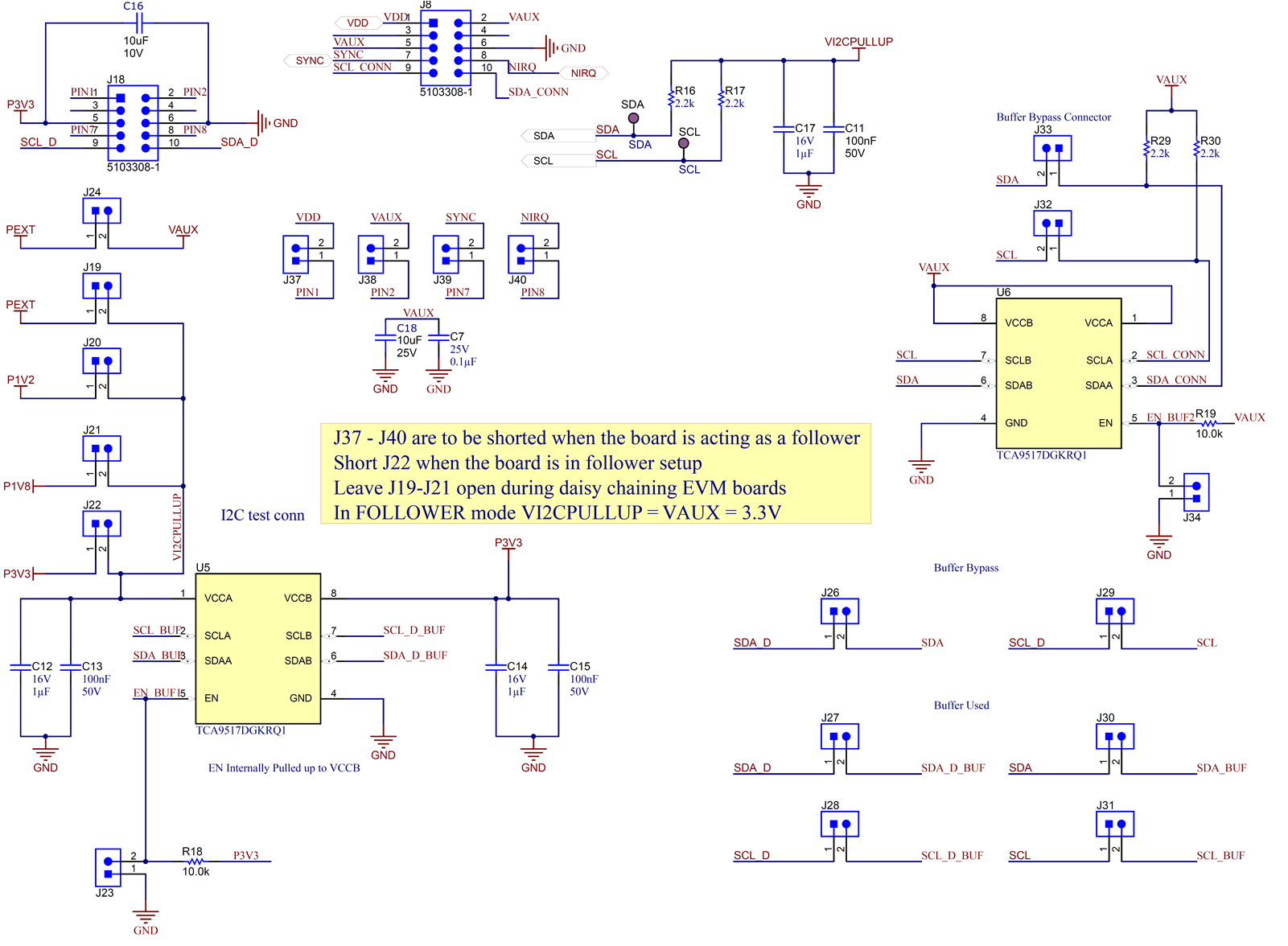 TPS389006Q1EVM 具有緩沖器的 TPS389006Q1EVM I2C 原理圖
