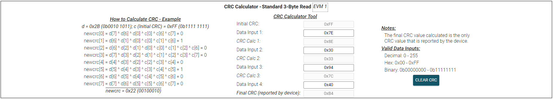 TMAG3001EVM 最終 CRC 計算結果
