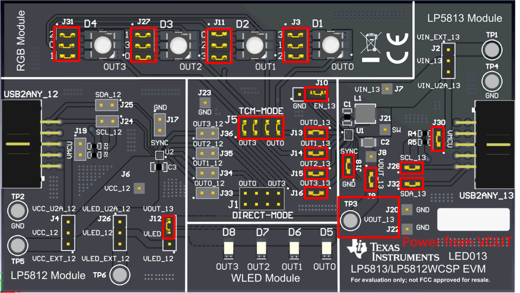 LP5813EVM LP5812EVM LP5813 4 次掃描 TCM 模式、禁用升壓功能、使用外部電源