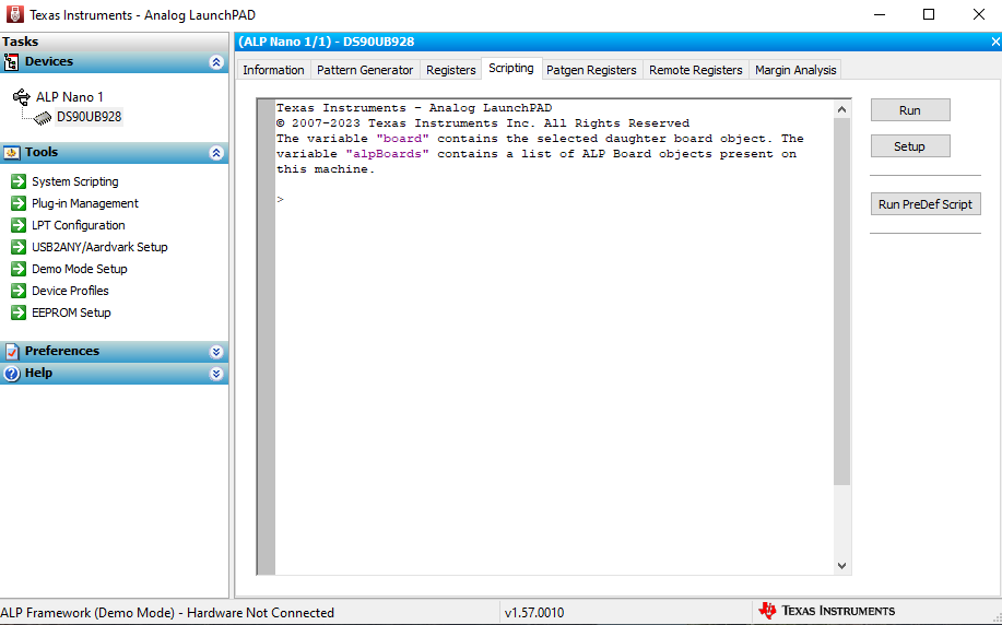 DS90UB928QEVM 腳本選項(xiàng)卡
