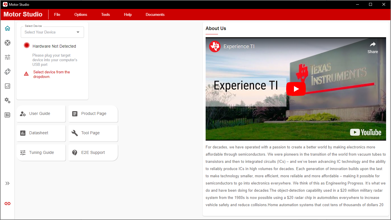 MCF8315PWPEVM Motor Studio GUI 主頁